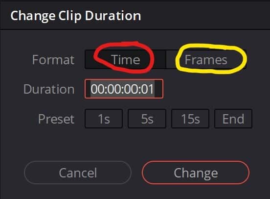 change clip duration menu freeze frame davinci resolve