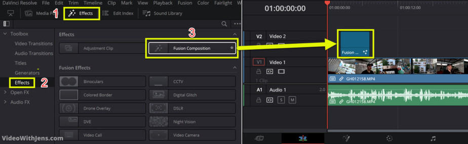 add fusion composition to timeline