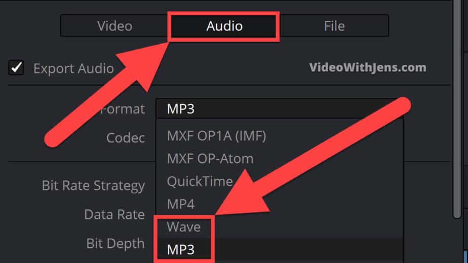 audio tab, choose format