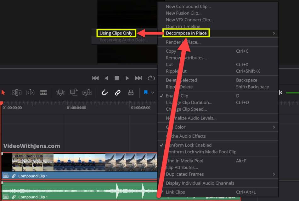 right-click new timeline clip, and select decompose in place