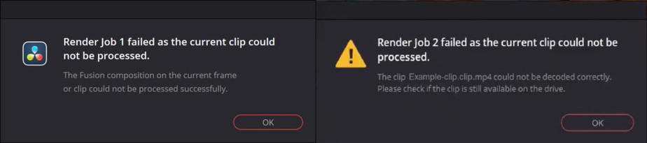 picture of render job failed both errors