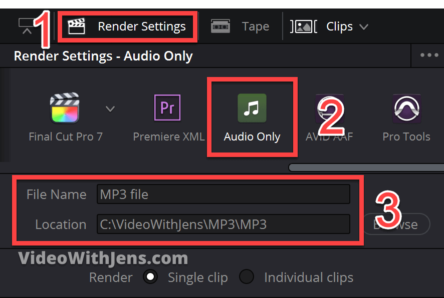 render settings and select audio only