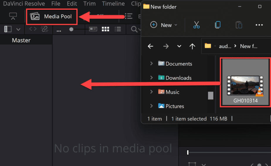drag and drop mp4 in media pool to import