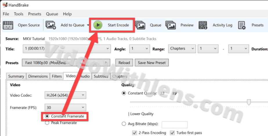 Open handbrake and set to constant frame rate