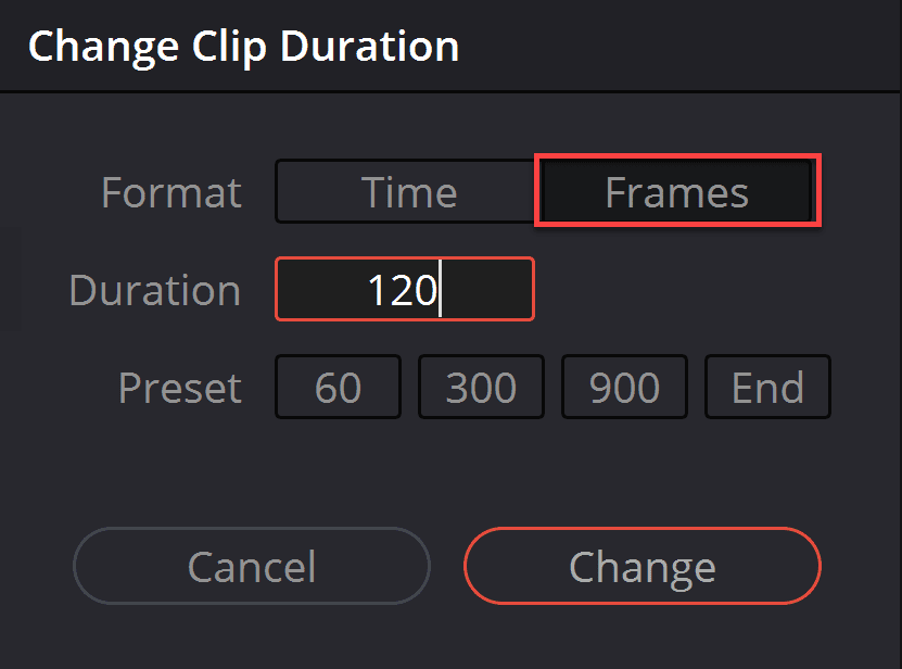 adjusting frames in clip duration menu