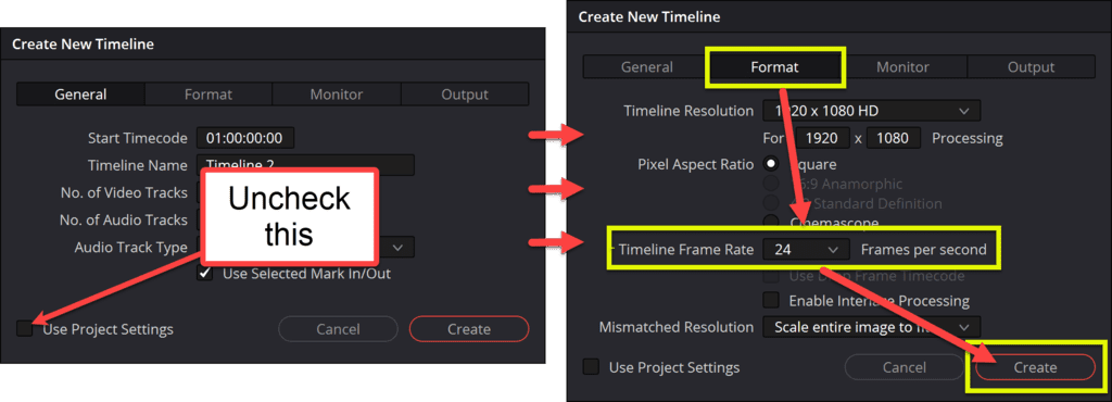 change frame rate of the new timeline