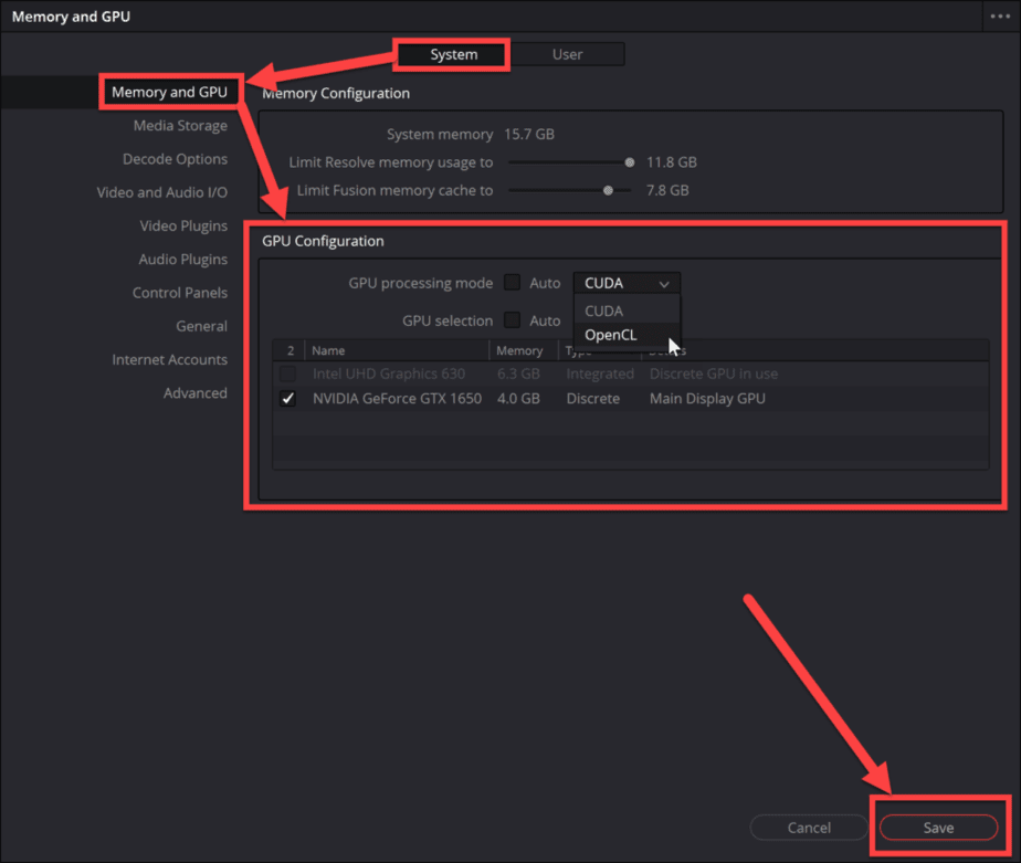 change gpu settings in resolve