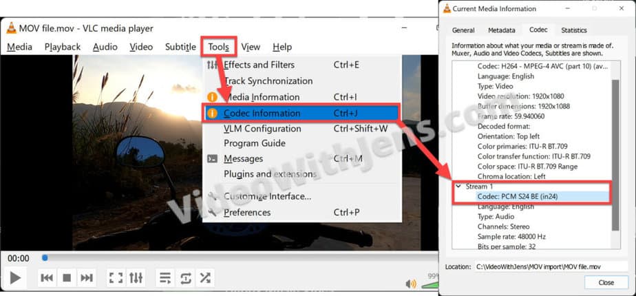 check audio codec in vlc