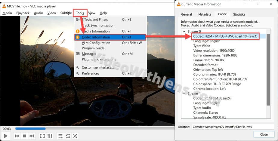 check video codec in vlc