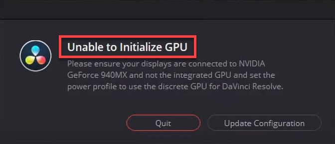unable to initialize gpu davinci resolve error message