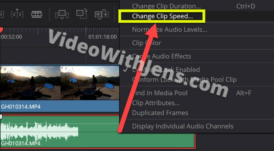right-click audio and go to change clip speed