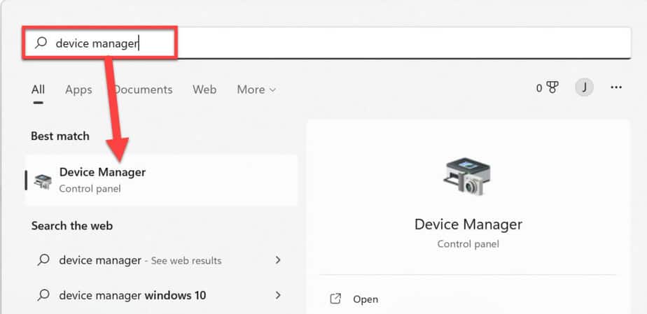 search for device manager and open it