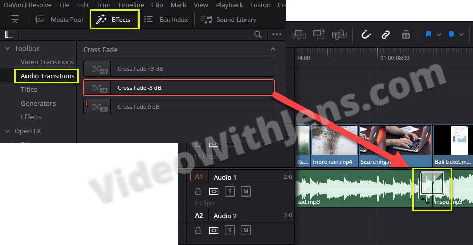 how to add audio transition between clips