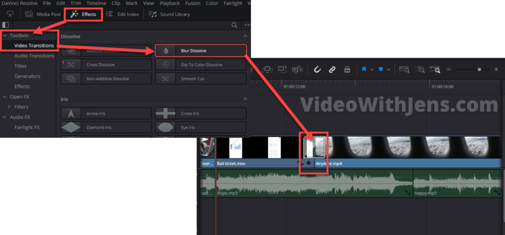 add transition in between the clips 