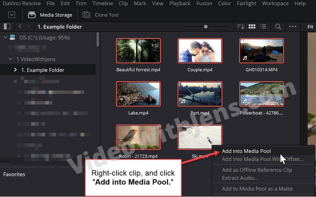 rightclick clip and add to media pool