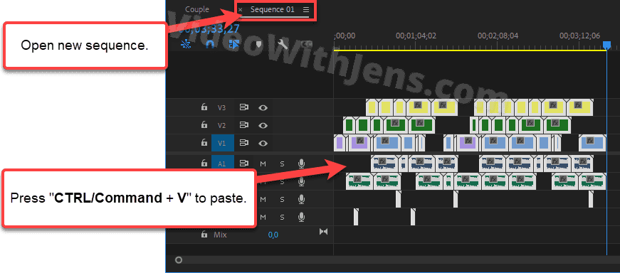 paste clips in new sequence