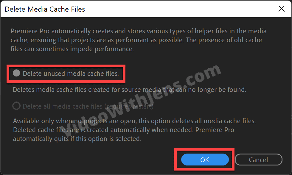 select delete unused media cache and click ok