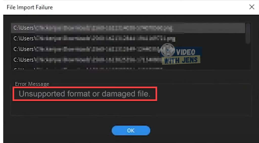 unsupported format or damaged file premiere pro