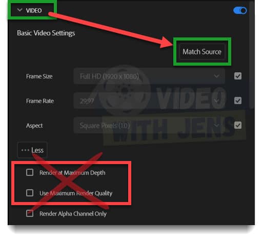 match source clips and uncheck maximum render quality and bit depth