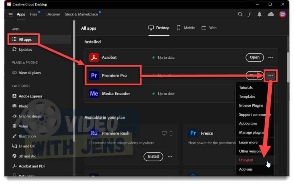 uninstall premiere pro
